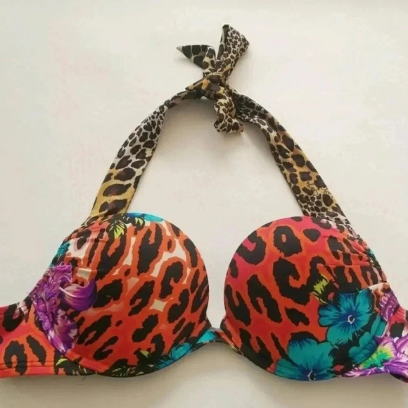 Victoria's Secret Swim BOMBSHELL 2DG Add-2-Cups BIKINI 34A Floral Leopard Top - Picture 1 of 7